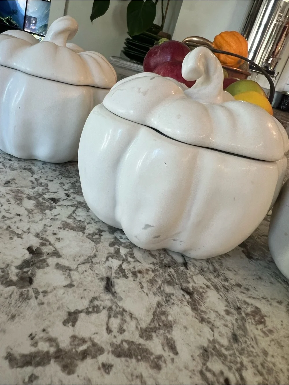 Pottery Barn White Ceramic Pumpkin Covered Bowls - Set of 4
